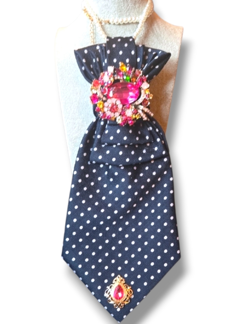 *3/$60 Navy Polka Dot Folded Cravat with Pink Gem Brooch